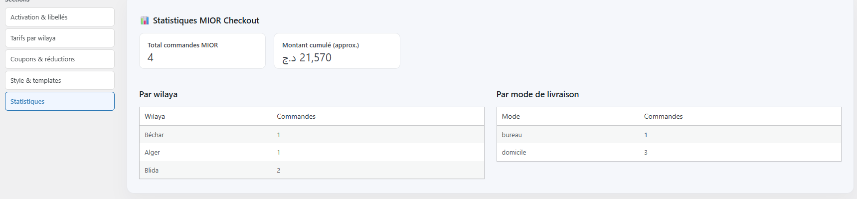 Admin MIOR Checkout Pro — écran 3