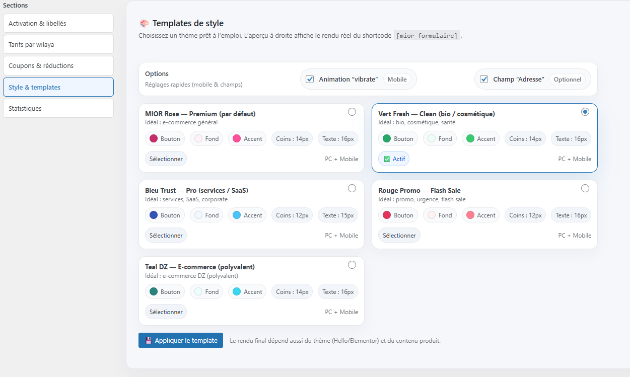 Admin MIOR Checkout Pro — écran 5