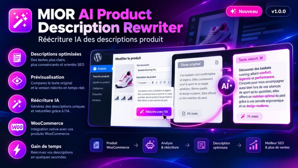 MIOR AI Product Description Rewriter : réécriture IA de descriptions produits WooCommerce
