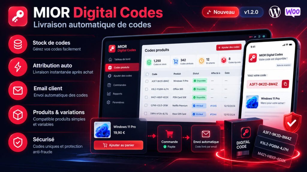 MIOR Digital Codes : gestion de stocks et livraison de codes numériques WooCommerce